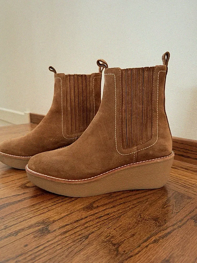 Brown Suede Chelsea Ankle Boots Pull On Closed Toe Wedge Women