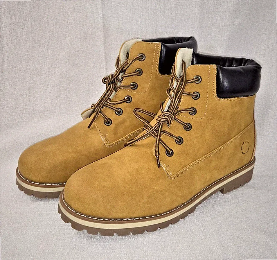 Bruno Marc Men’s Size 13 Winter Hiking Work Boots Faux Fur Lace Up Tan