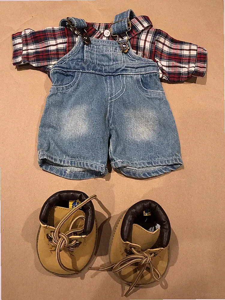 Build A Bear Overalls Stone Washed Denim W/Plaid Shirt & Work Boots
