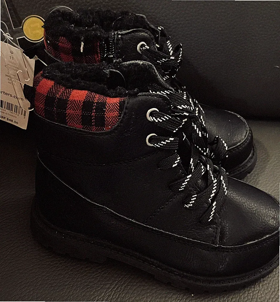 Carters Unisex Black Vegan Leather Red Buffalo Check Toddler Boots Size 11