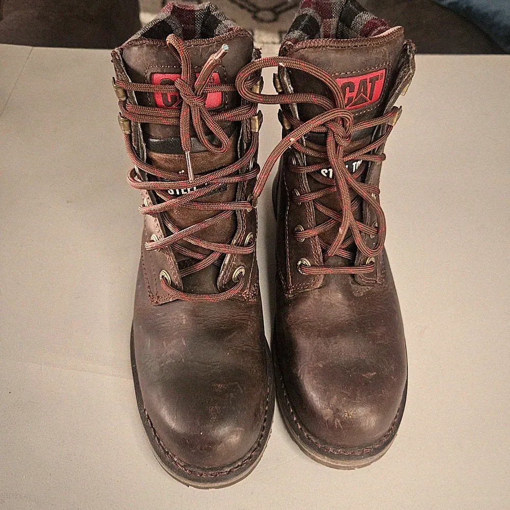 Caterpillar Kenzie Steel Toe Work Boots Brown Leather Plaid P90394 Womens 7.5