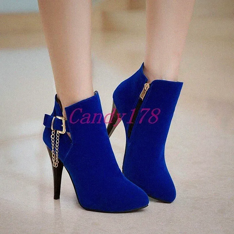 Chain Buckle Women's Zip High Cone Heels Wedding Ankle Boots Dress Shoes Lady's