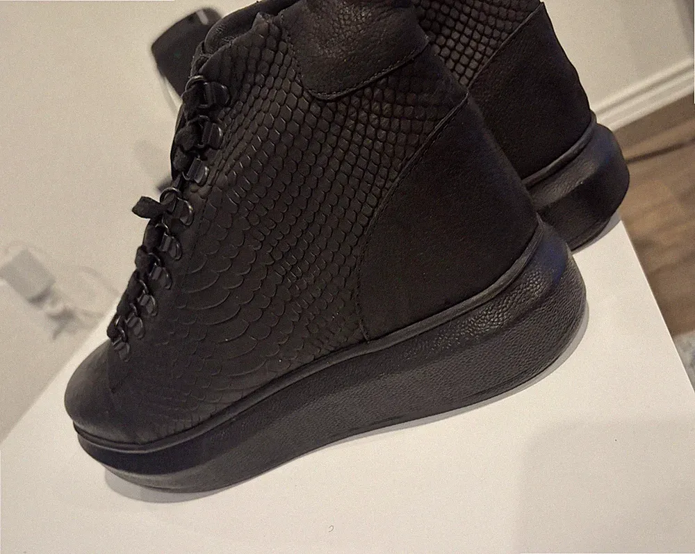 CHO Black Textured Animal Print Lace-Up Ankle Combat Boots Faux Leather Women
