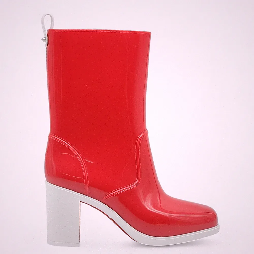 Christian Louboutin Loubirain Rubber Heeled Rain Boots in Red EU 39 US 9 - NWB
