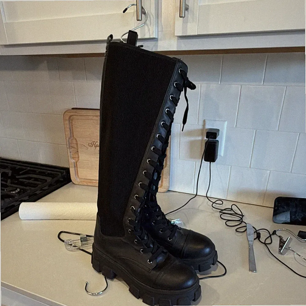 Circus by Sam Edelman Black Lace-Up Chunky Knee High Combat Boots Round Toe