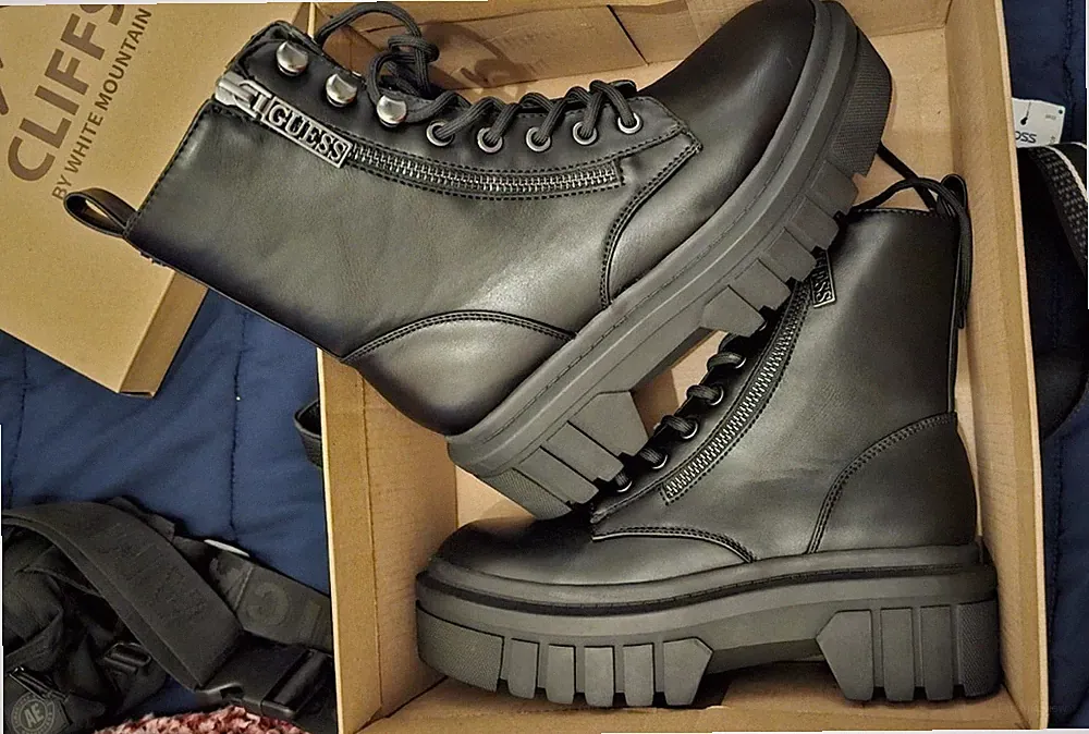 Cliffs by White Mountain Black Lace-Up Combat Boots with Lug Sole Zipper