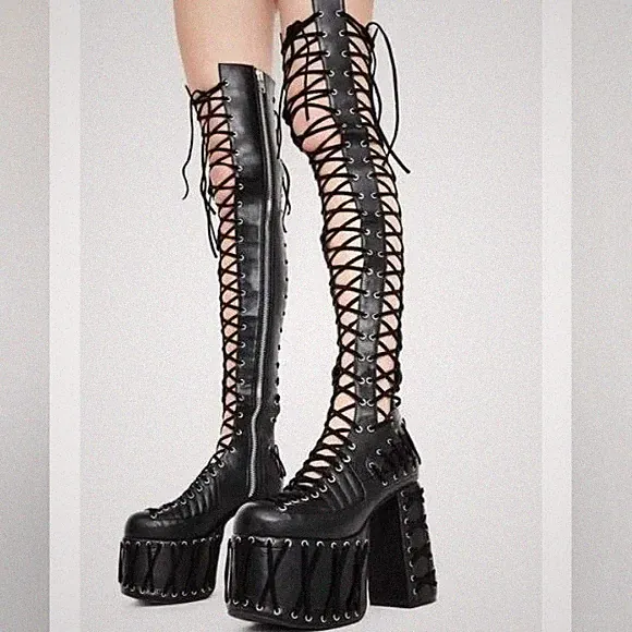 CLUB EXX "Midnight Obsession" Size: 11 Gothic Black Lace-Up Over the Knee Boots
