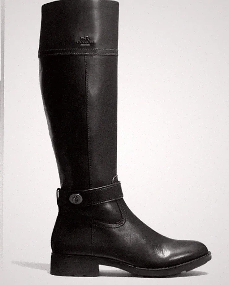 COACH Eva Black Leather Riding Boots Knee High Silver Turn Lock Logo Size 5