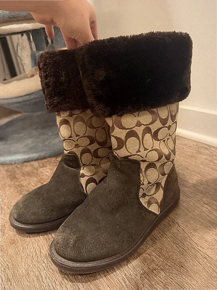 Coach Joss Shearling Style Mid-Calf Fur Trim Boots Brown Logo Suede Fabric 8M