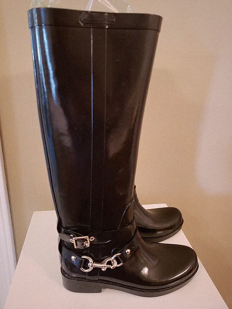 🖤COACH 🖤LORI🖤 BLACK Tall Rubber Rain Boots, Size 5, Pull On, Silver Buckle