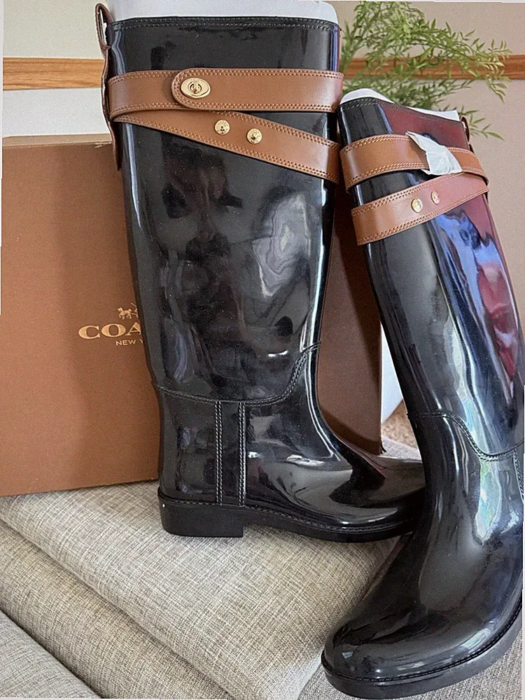 Coach Talia Shiny Rubmat Knee High Waterproof Rain Boots Black Saddle Rubber 10M