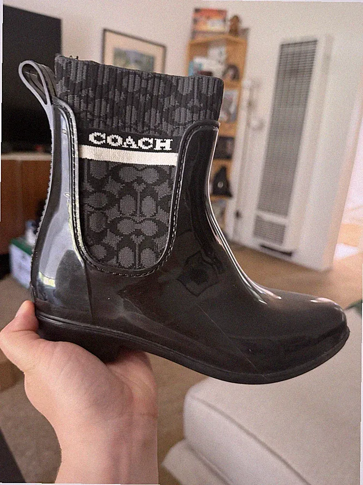 Coach Waterproof Black Gray Logo Ankle Rain Boots Rubber Pull On for Women