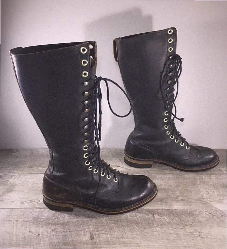 Combat Biker Motorcycle Riding 19-Eye Black Leather Soft Toe Men Boots 9 Vintage