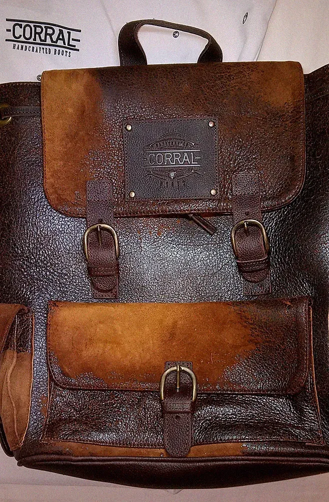CORRAL BOOTS Chocolate brown leather unisex BACKPACK Distressed Harness new