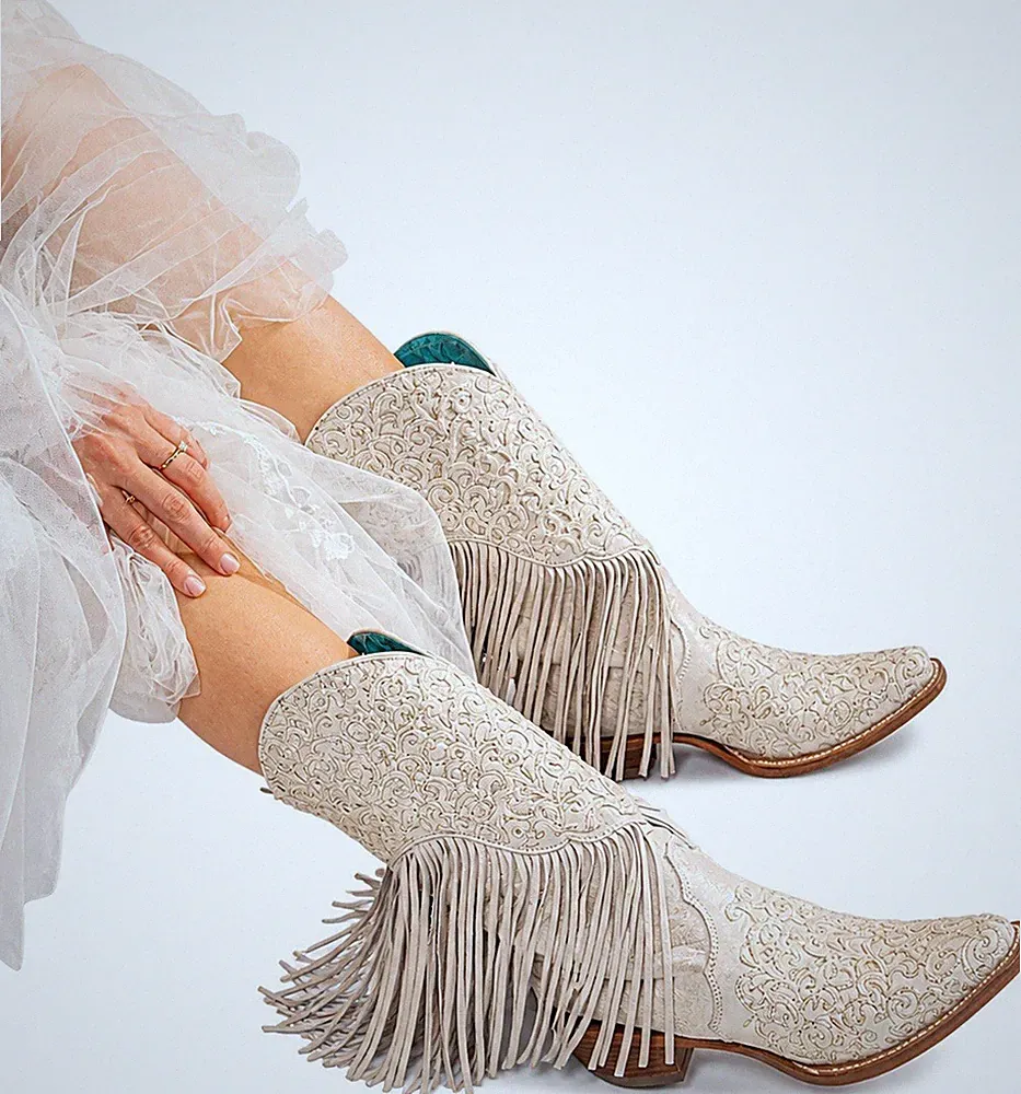 🤍 Corral White Lamb Fringe Western Boots 8.5 M BNEW WBOX 🔥NO RSV AUCTION🔥🔥🔥