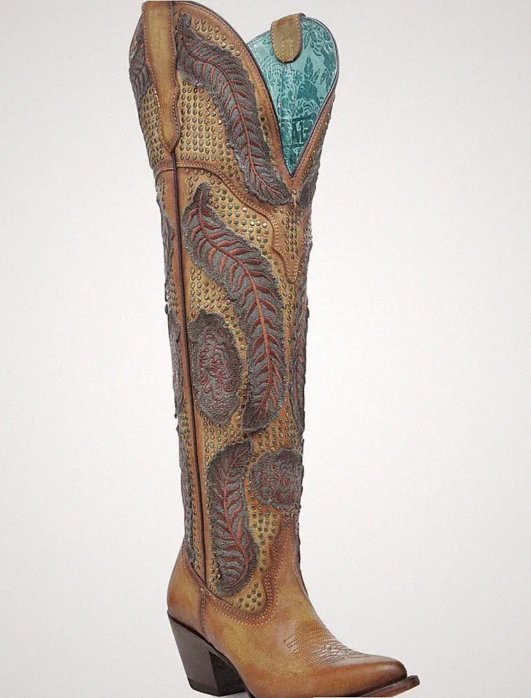 Corral Womens Yellow Denim Overlay Embroidery Studs Tall Top J Toe Boot NWT