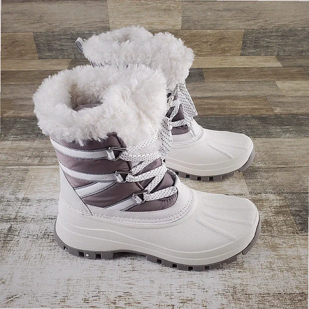 Cougar Fresno Womens Lace Up Snow Boots Sz 9 White Faux Fur Waterproof