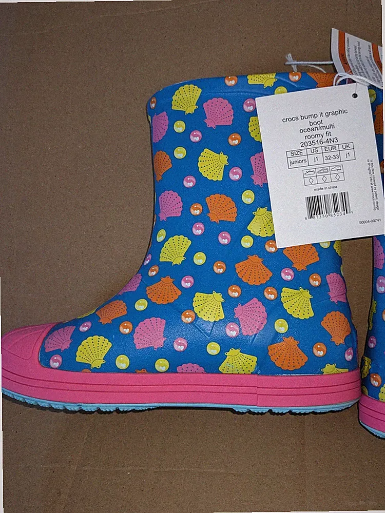 Crocs Bump It Waterproof Boots Sea Shell Design Kids C11, C13, J1, J2 NIP