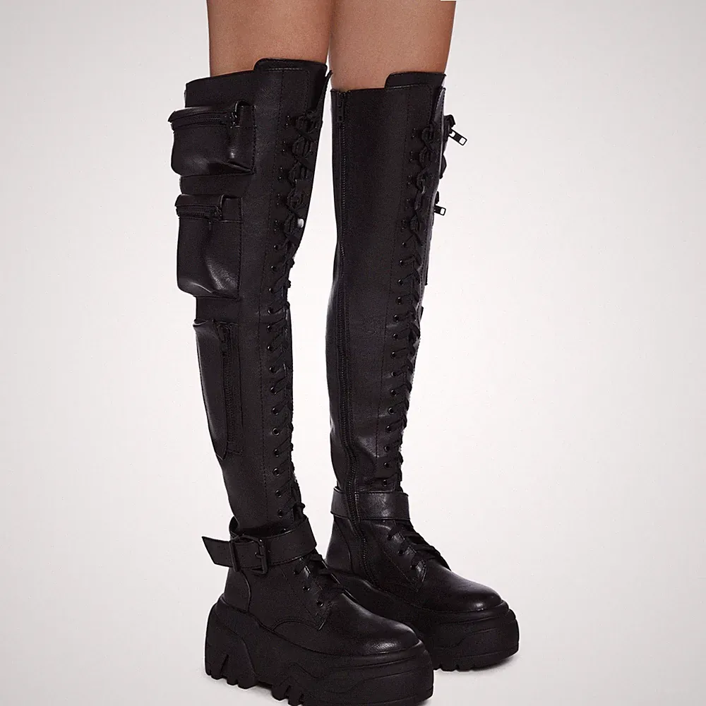 Current Mood Obsidian Black Vegan Leather Combat Boots Knee High Platform Sz 6