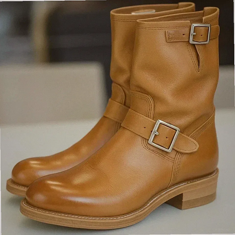 Custom Made Men's Tan Leather Combat Vintage Engineer Motorcycle Biker Boots Men