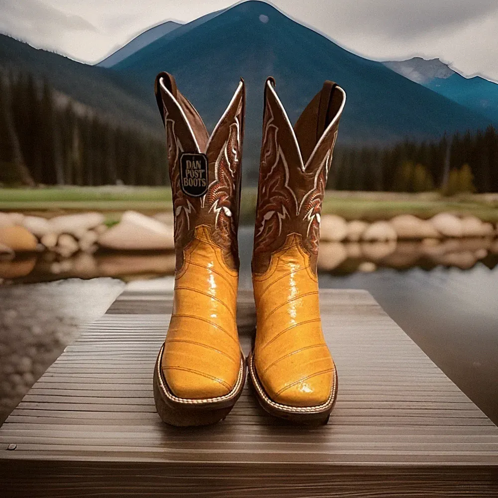 Dan Post Western Equestrian Cowboy Boots Yellow Brown. Genuine Eel.