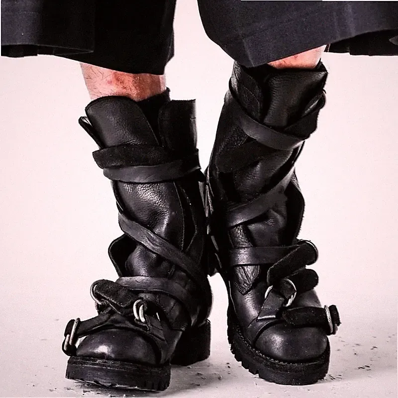 Dark Retro Vintage Men's Motorcycle Boots Leather Strap Tube Belt Buckle Shoes