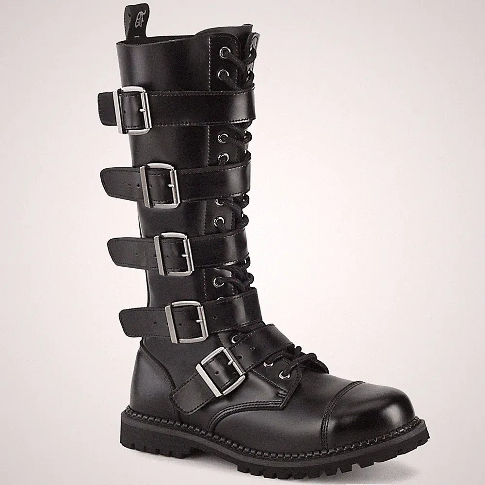 DEMONIA RIOT-18BK Mens Black Leather Punk Combat Steel Toe Knee High Boots