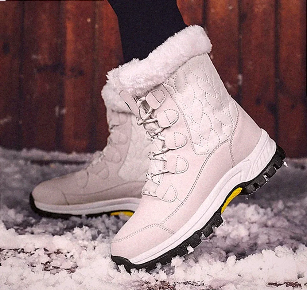 DHAEY Women's Winter Snow Boots - Cream Faux Fur Lined (Size 10.5)