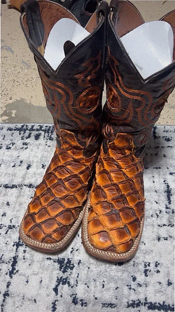 Diligencia Arapaima Western Equestrian Boots Orange Brown Leather US Size 7.5