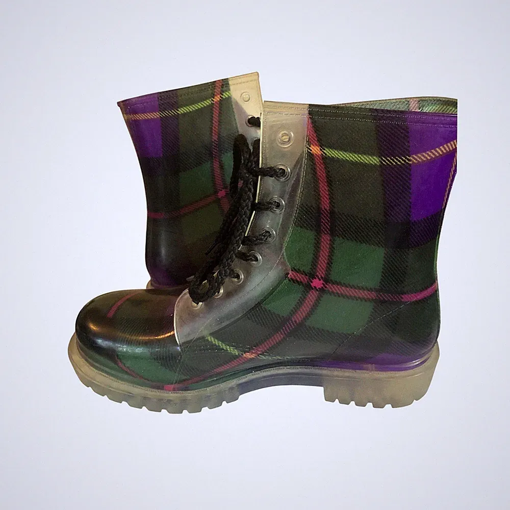 Dirty Laundry tartan Plaid Rain Boots Women's 9 Green Lace Up military combat