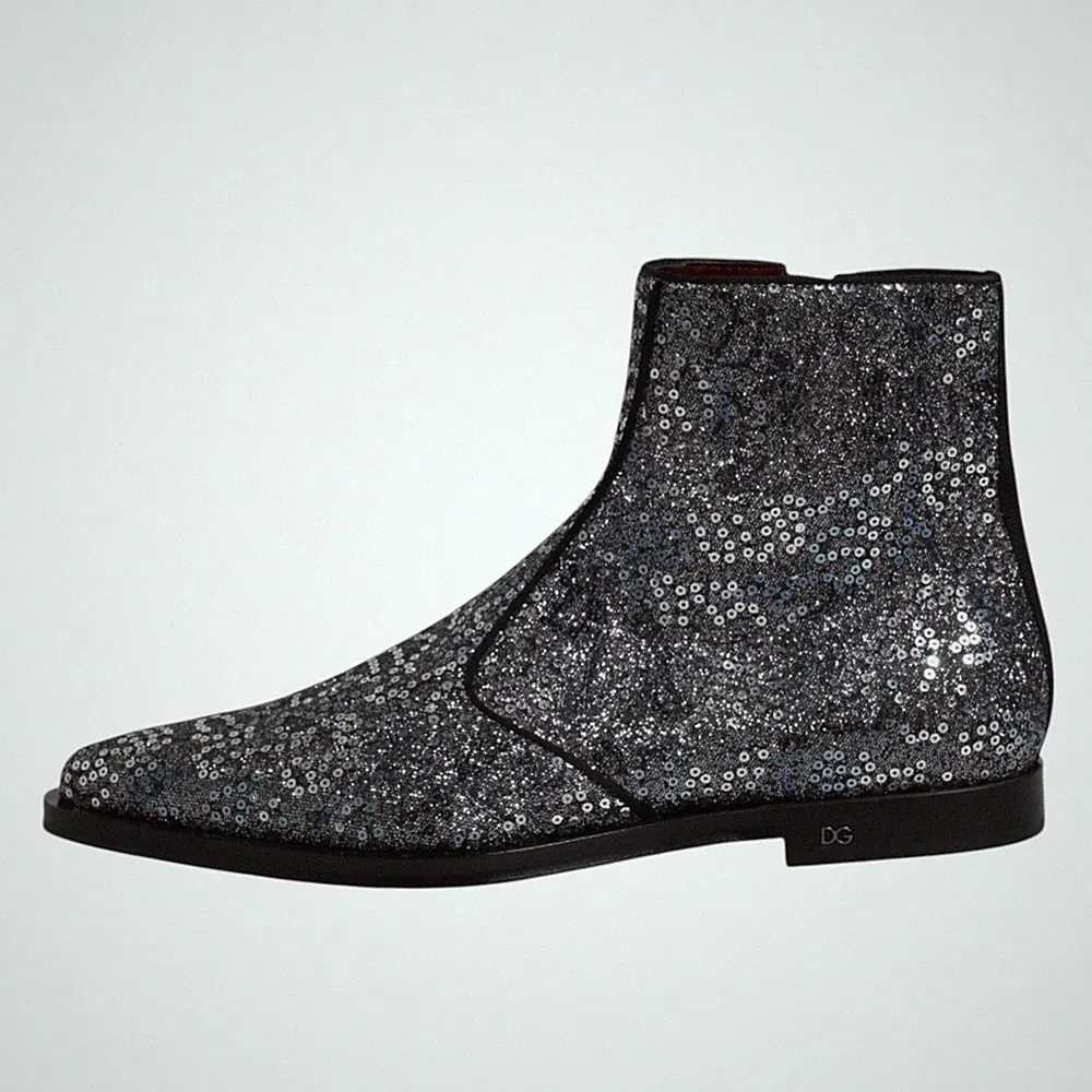 DOLCE & GABBANA Shoes Dark Gray Cotton Sequined Chelsea Boots EU41 / US8 1270usd