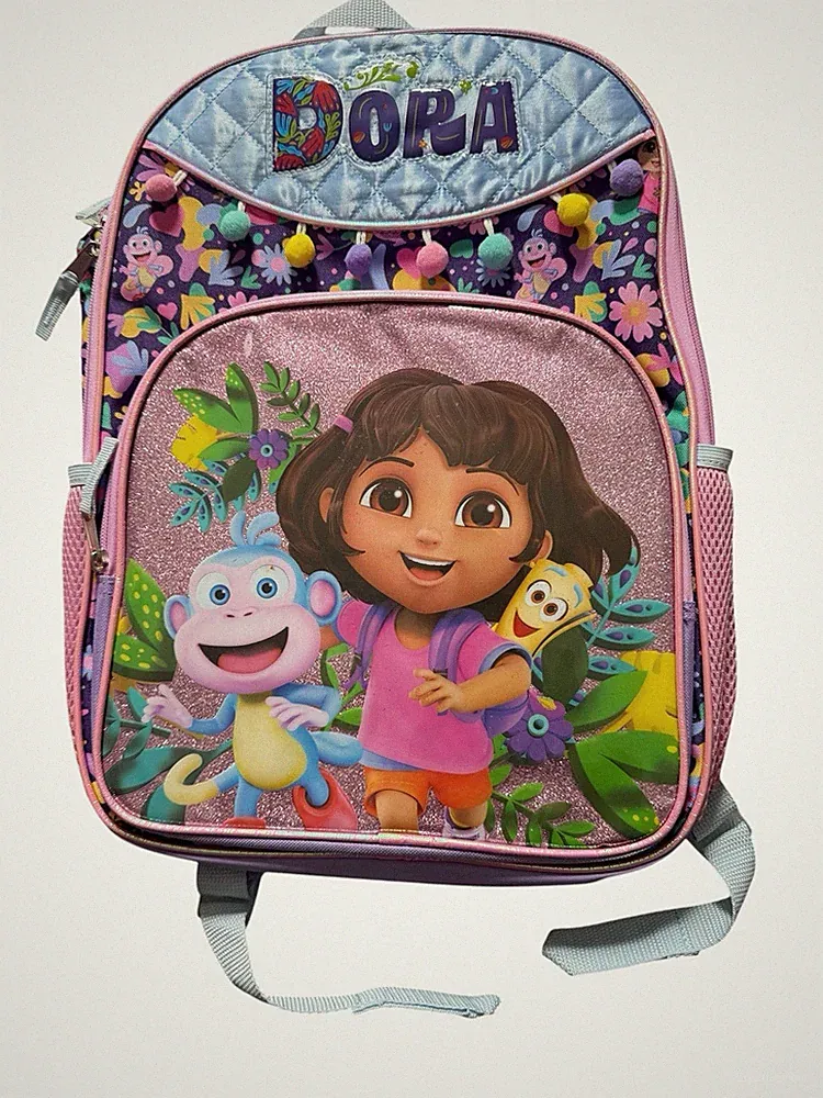 Dora Kids Backpack Purple Boots Map Explorer Water bottle Pockets 16” NWOT