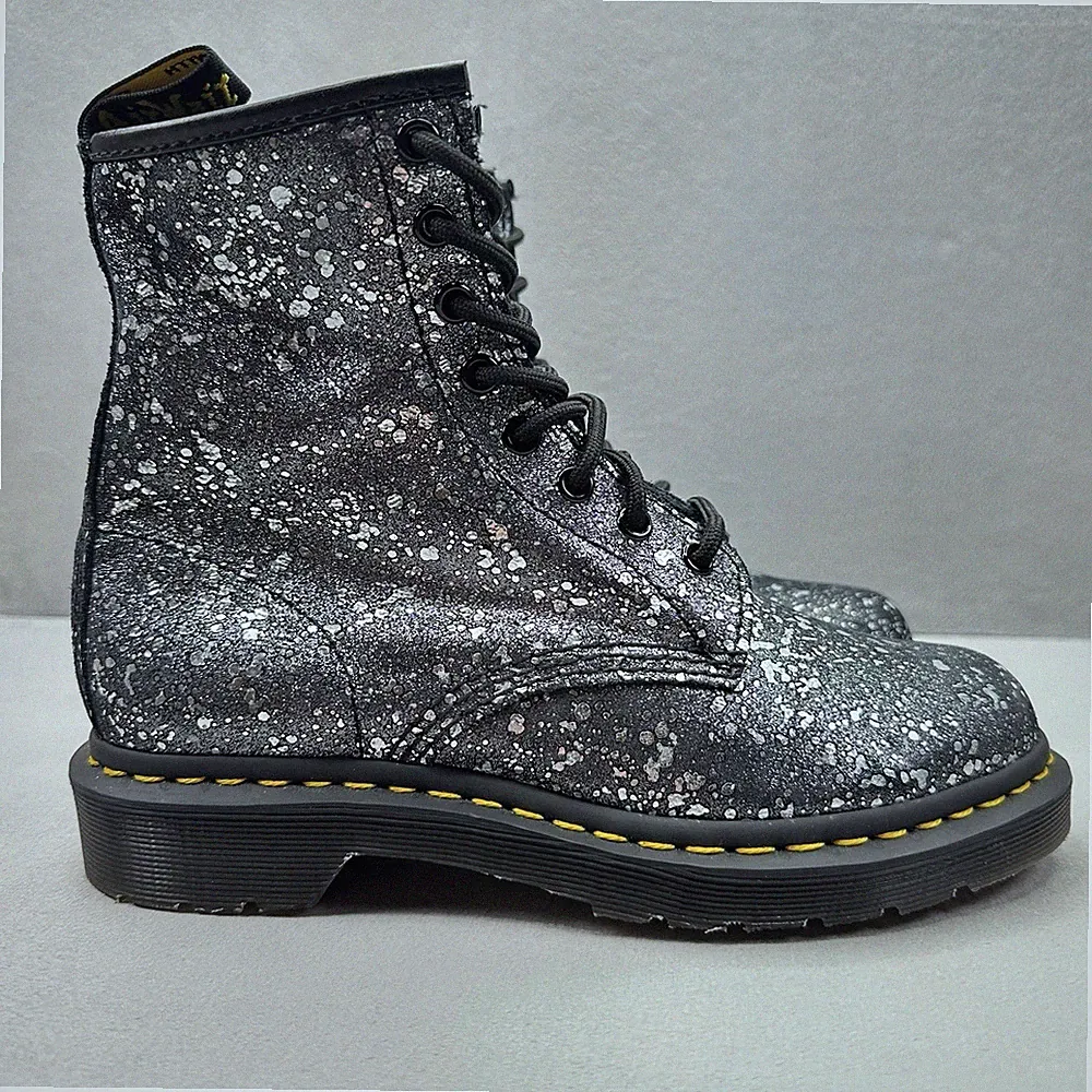Dr. Martens 1460 Womens Size 7 Combat Boots Black Metallic Paint Splatter Suede