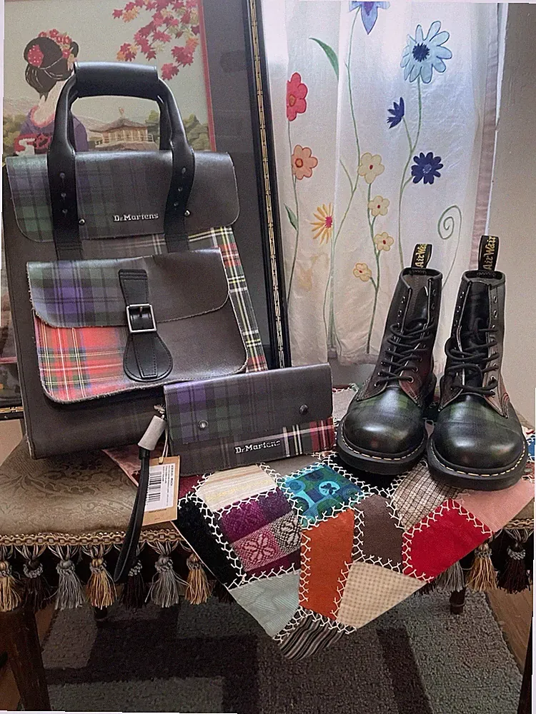 Dr. Martens 3-Piece Colorful Tartan Plaid Backpack, Wallet, and Boots, US 11