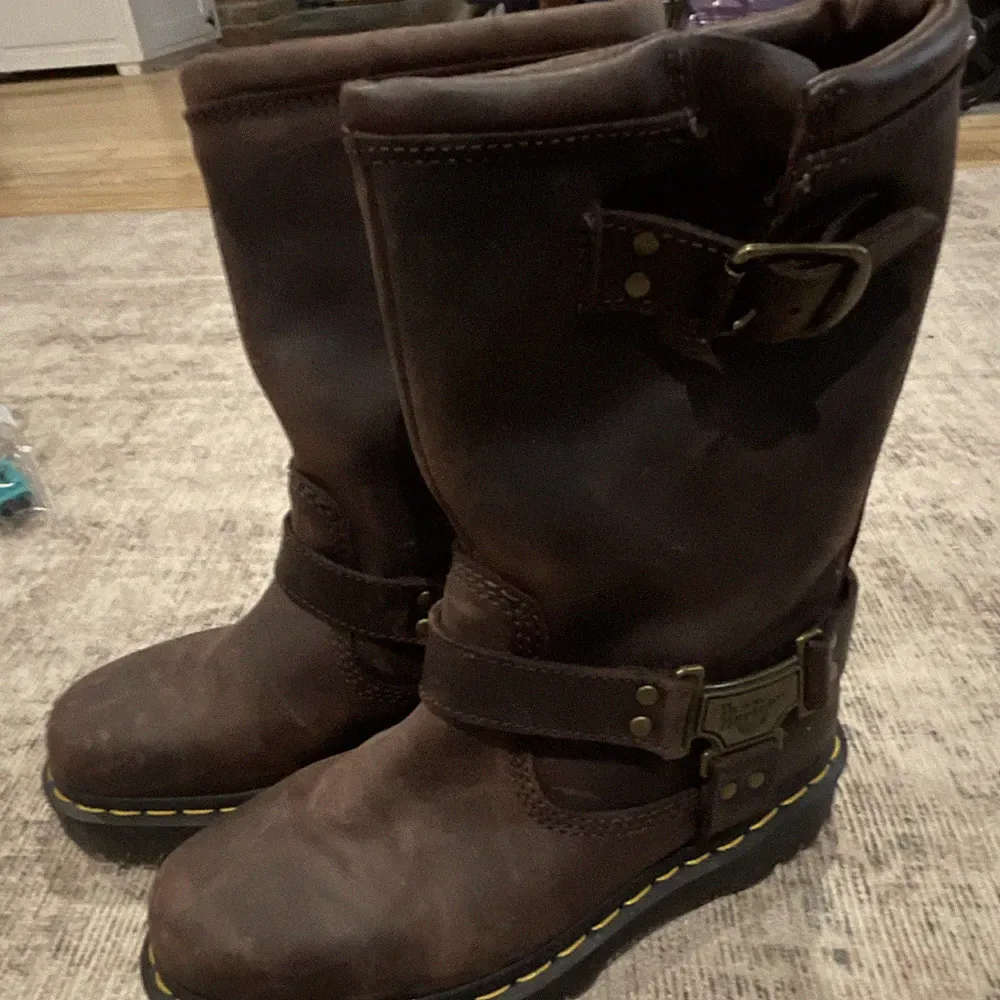 Dr. Martens Anistone Hi Women’s Brown Leather Knee High Biker Buckle Boots 6