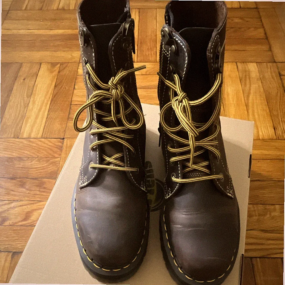 Dr. Martens Brown Leather Combat Boots for Men Lace Up Slip Resistant Mid-Calf