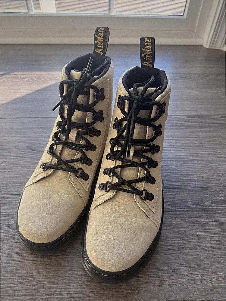 Dr. Martens COMBS W Beige Black Canvas Lace Up Ankle Combat Boots Women's US 7