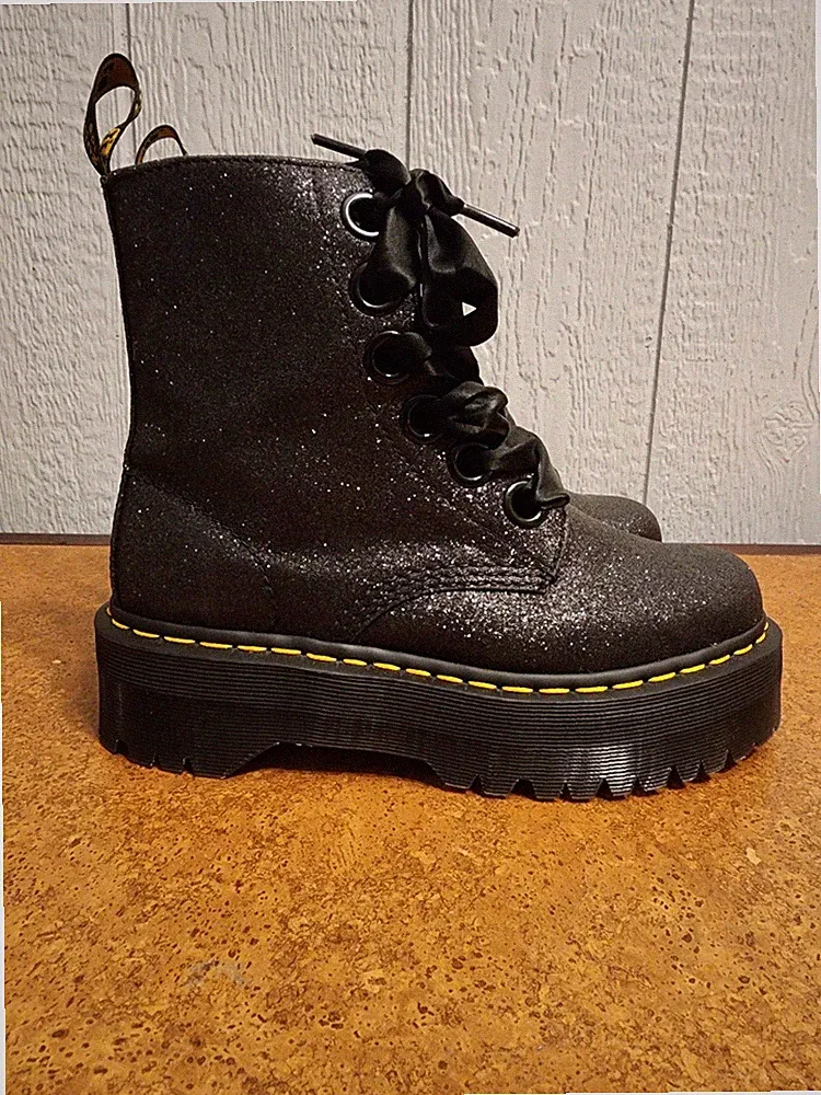 Dr. Martens Molly GLTR Glitter Platform Combat Boots Black Lace Up Women's 7