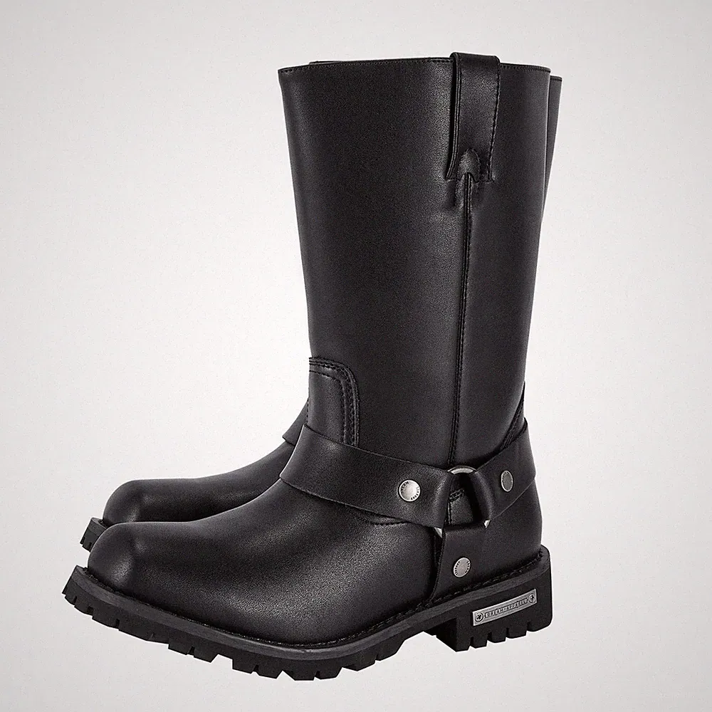 Dream Apparel Men's Motorcycle Biker Boots Waterproof PU Side Zipper Mid Calf