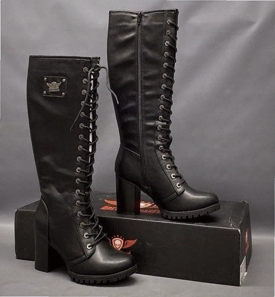 Dream Apparel Women's 9 Motorcycle Riding Boots Round lace Up Biker Boots Heels