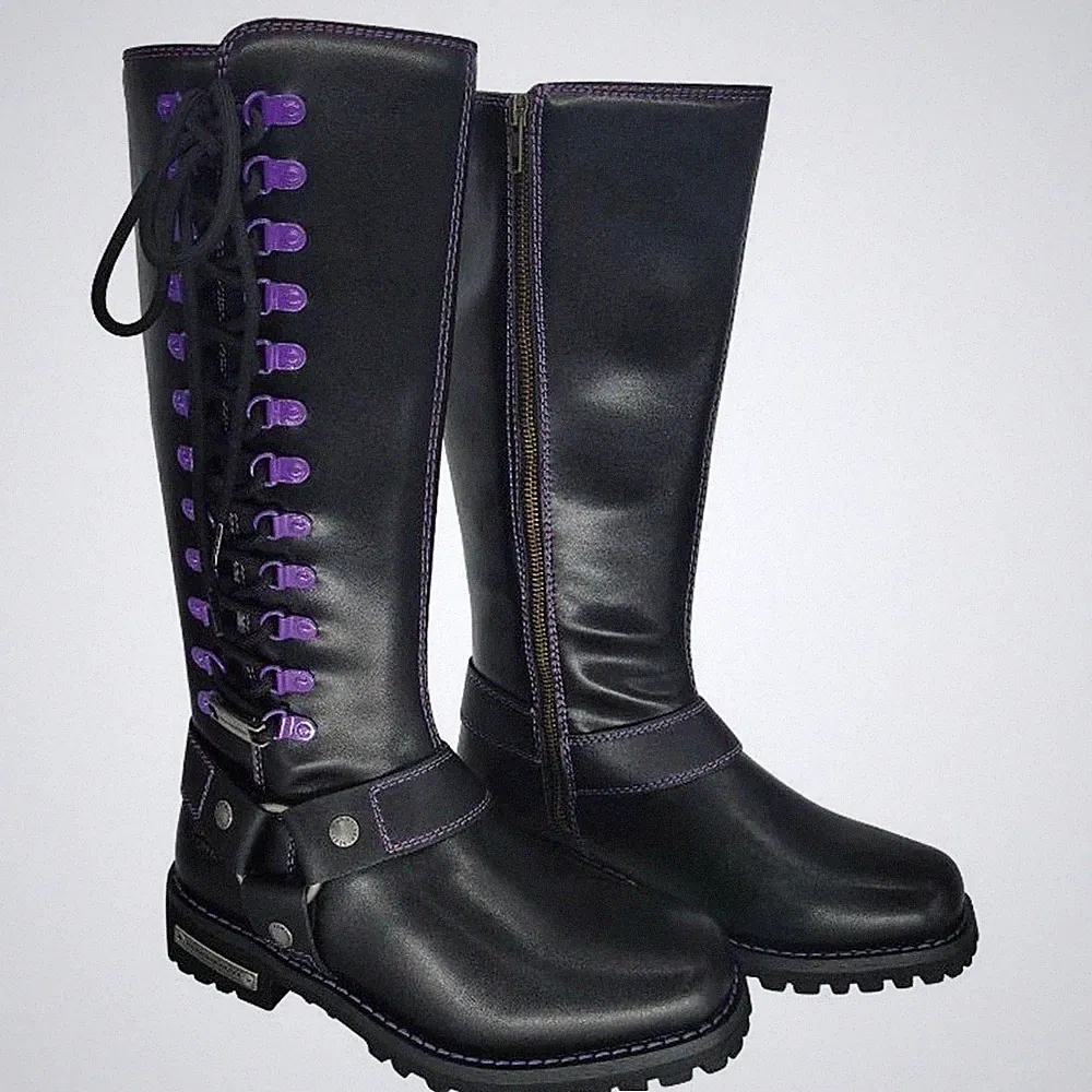 Dream Apparel Women's Harness Motorcycle Riding Boots for Biker, Purple, Lace