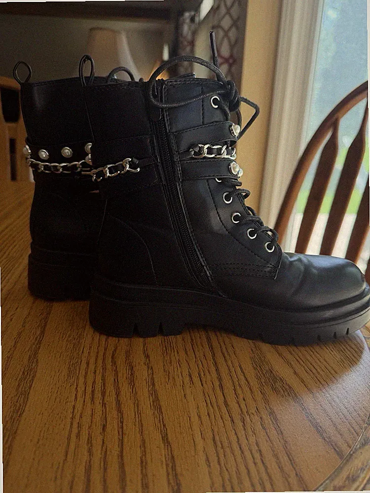 DREAM PAIRS Black Combat Boots Chain Pearl Lace Zip Slip Resistant US 6 EU 36.5