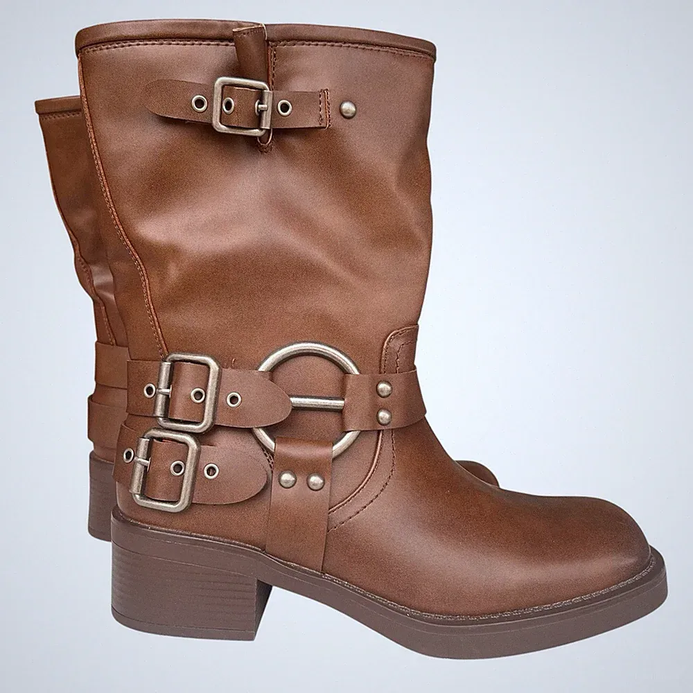Dream Pairs Mid-Calf Motorcycle Boots Buckles Biker Riding Boots Sz 8.5