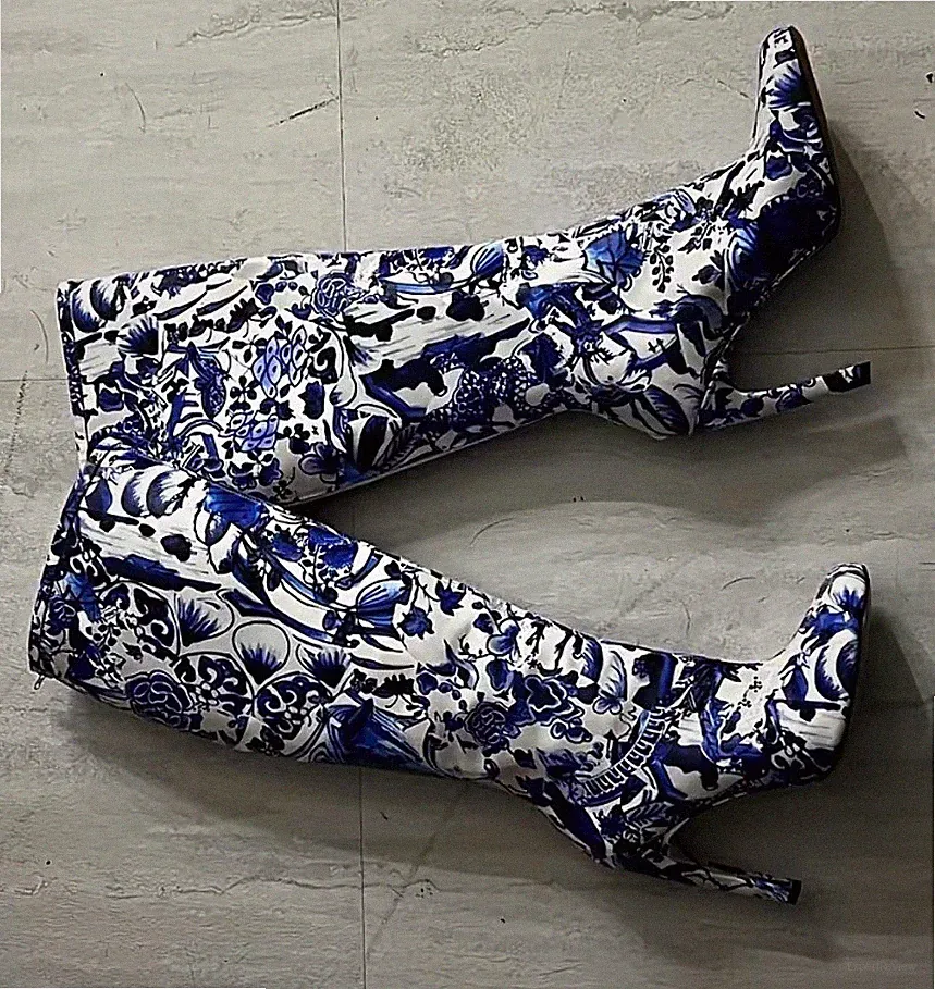 DRIES VAN NOTEN $1,160 Blue & White DELFT Floral Patent Knee High Boots 40.5