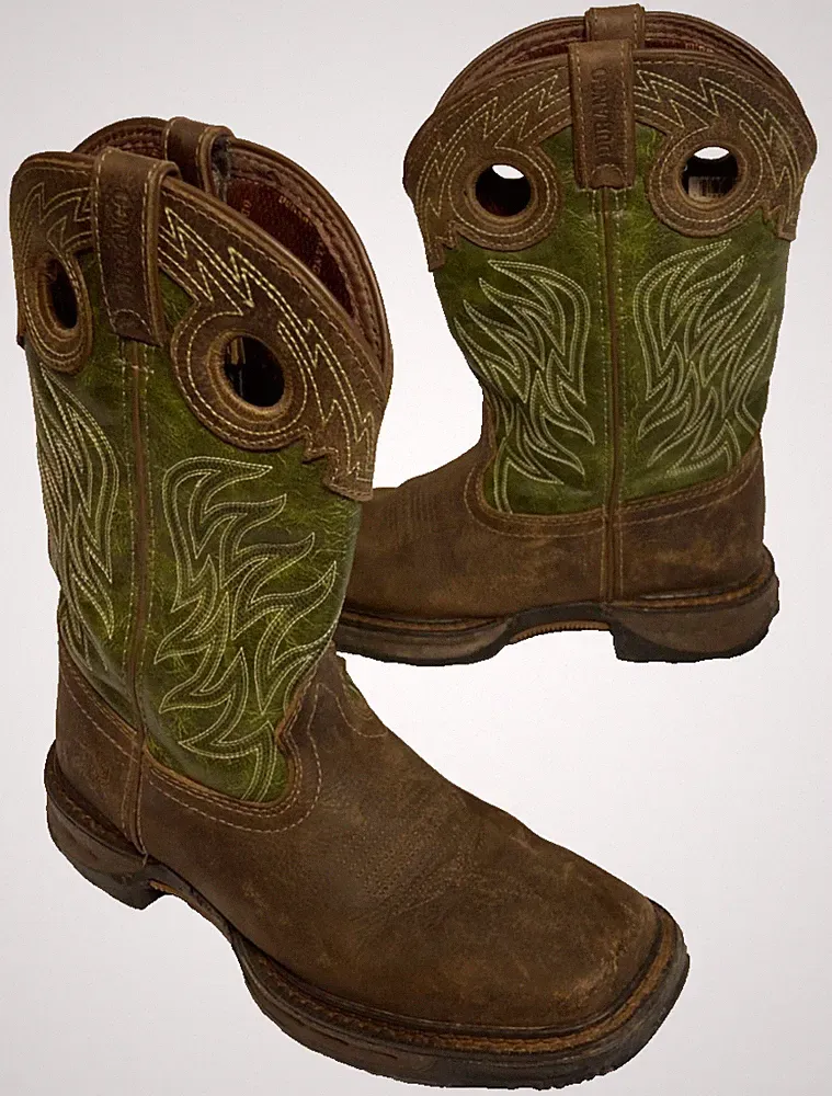 Durango Boys 9" Western Oiled Brown & Forest Green Work Boots (Youth Size 3.5)