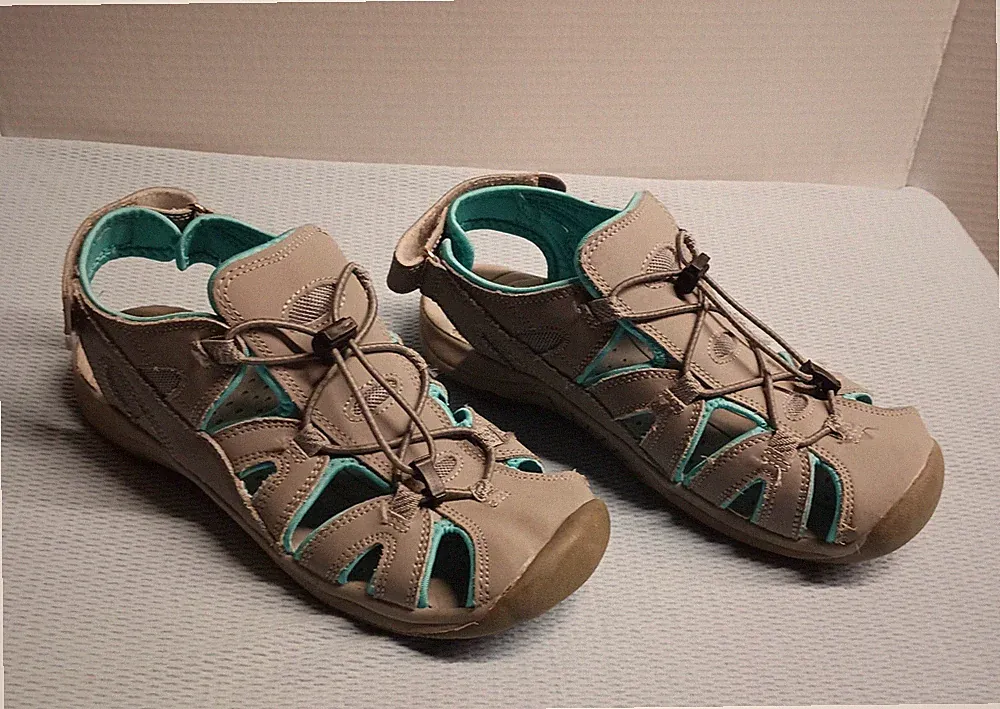 Eddie Bauer Womens 9 Mary Genuine Leather Bump Toe Sandal Water Shoe Gray/Teal