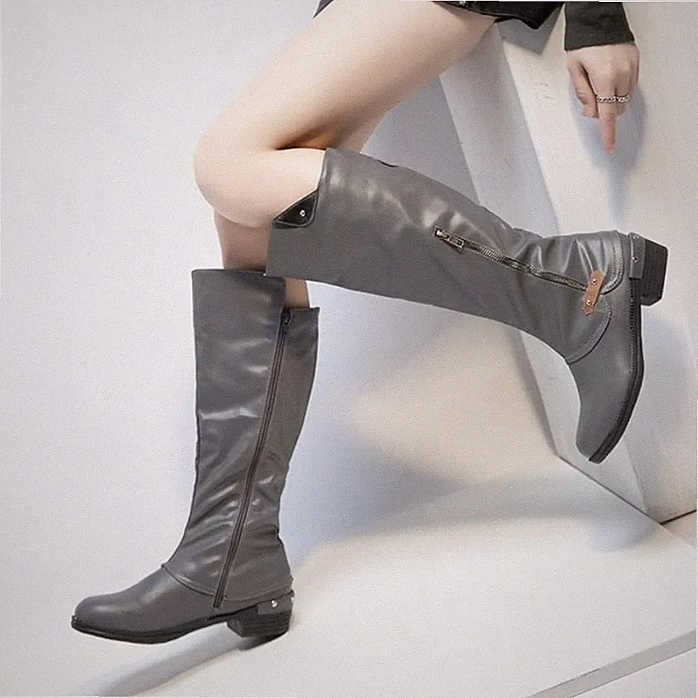 Elegant Gray Women's Knee-High Boots Cheynp Mid Calf Slauchy Faux Leather size 9