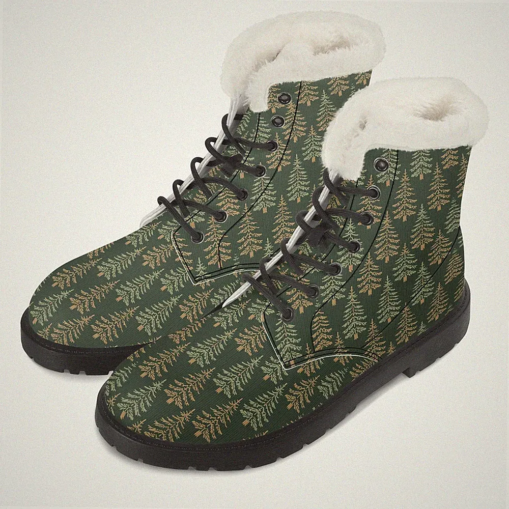 Evergreen Forest Fur Trim Winter Boots Pine Trees Cute Comfy Gifts for Her