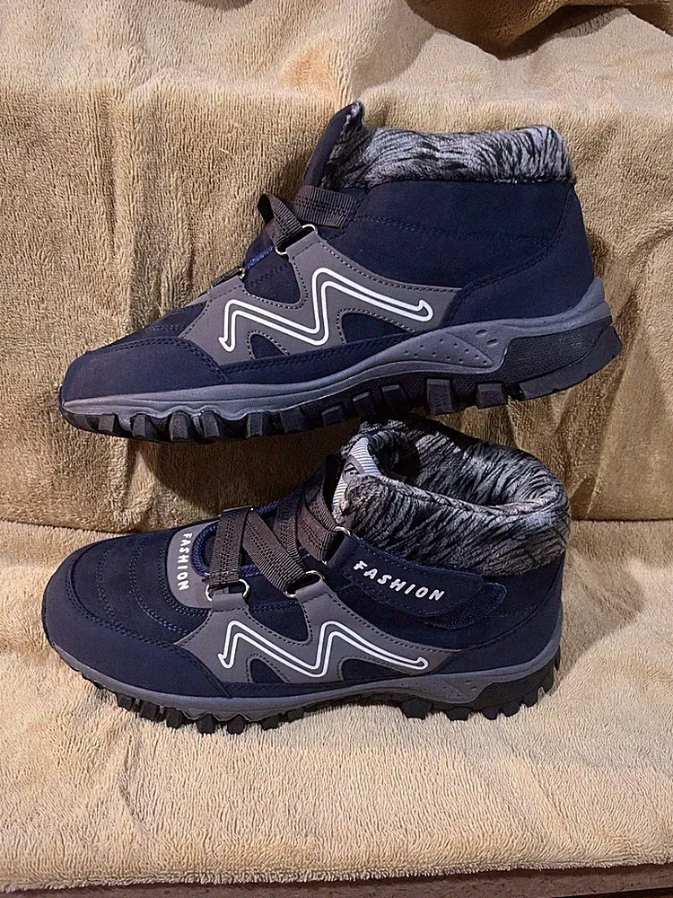 Fashion Men's Hiking Boots Faux Fur Lined Rugged Sole Navy Gray Black Size 41