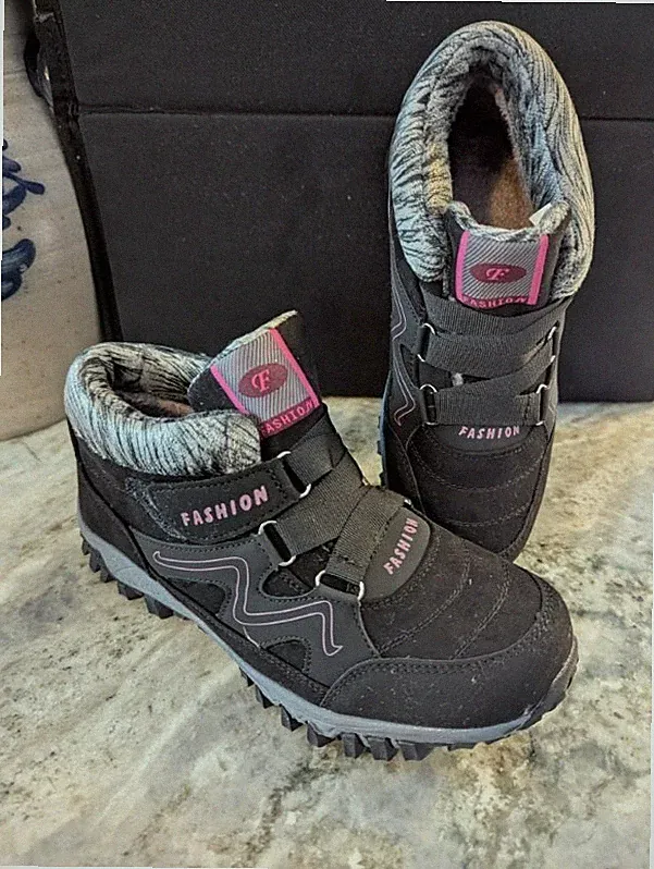 Fashion Women Ankle Winter Hiking Boots Black Round Toe Hook & Loop US 7.5/EUR38